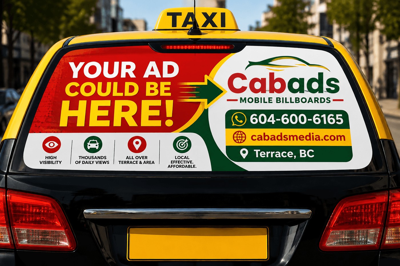 Perforated vinyl rear-window taxi advertisement in Terrace, BC