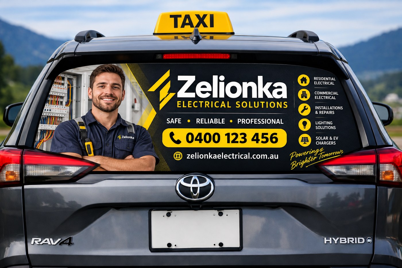 Zelionka Electrical Solutions rear-window taxi ad example